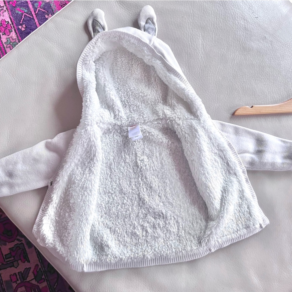 3/$25💥Gymboree Sherpa Bunny Ears Hooded Cardigan Sweater, White, Pockets, Unisex